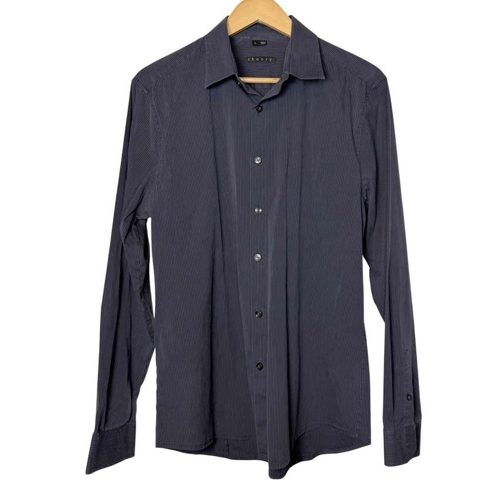 Theory Mens Navy Blue Black Micro Stripe Long Sleeve Button Up Shirt Large